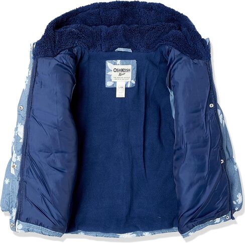 معطف شتوي بغطاء للرأس للفتيات الصغيرات من OshKosh B’gosh، أزرق شامبراي مع تصميم زهور أنيق بالكامل in Kuwait