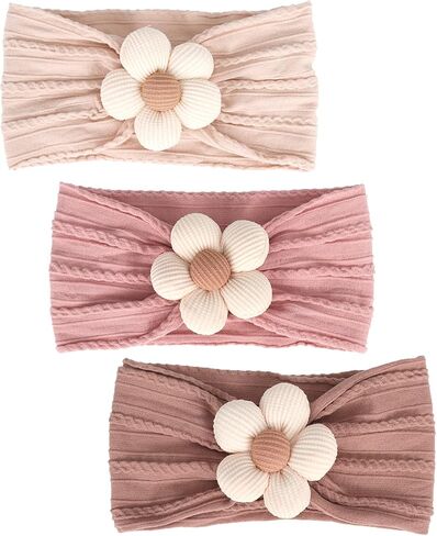 3 Pcs Baby Flower Headbands Baby Girl Nylon Headband Soft Newborn Hairbands | Baby Girl Newborn Essentials,Baby Shower Gifts,Hair Accessories for Infant Toddler Kids,Baby Girl Accessories,Newborn Gifts in Saudi Arabia