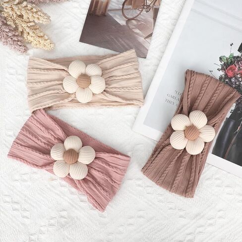 3 Pcs Baby Flower Headbands Baby Girl Nylon Headband Soft Newborn Hairbands | Baby Girl Newborn Essentials,Baby Shower Gifts,Hair Accessories for Infant Toddler Kids,Baby Girl Accessories,Newborn Gifts in Saudi Arabia