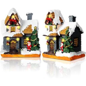 Retisee 2 جهاز كمبيوتر شخصى مشهد عيد الميلاد قرية منازل المدينة تعمل بالبطارية زخرفة عيد الميلاد LED الشتاء الثلوج قرية الراتنج مع ضوء دافئ صغير مضاء قرية عيد الميلاد سانتا منزل لزينة عيد الميلاد in Kuwait