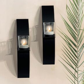 ارت ميشن حامل شموع جداري اسود، ديكور حائط زجاجي ومعدني لغرفة المعيشة، شمعدان منزلي 2 انش × 12 انش، شمعدان معلق لتزيين الحائط مجموعة من قطعتين in Kuwait