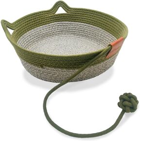 Panbo Hand Woven Cat Bed with Toy Tail, Kitten Shaped House Natural Cotton Linen Cat Scratch pad, Breathable and Odorless Indoor Puppy Bed Mat - Green S in Saudi Arabia