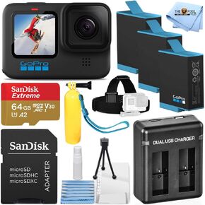 كاميرا فيديو Pixel Hub GoPro HERO10 سوداء مقاومة للماء بدقة 12 ميجابكسل - تتضمن الحزمة النهائية: بطاقة MicroSD سعة 64 جيجابايت من Sandisk، وبطارية إضافية 2X، وشاحن مزدوج، وحزام للرأس، وبوبر ومجموعة تنظيف in Kuwait