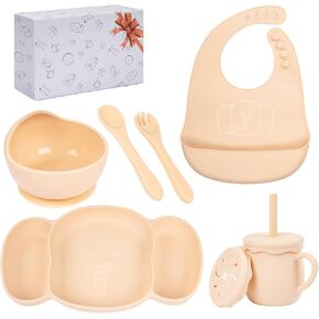 KIROGILY Silicone Baby Feeding Set, 6 PCS Baby Led Weaning Supplies, Toddlers Suction Plates with Bowl Spoon Fork Sippy Cup Bib, Baby Eating Utensils(Pink) in Kuwait