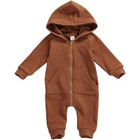 Infant Baby Boys Girls Zipper Warm Hooded Romper Jumpsuit Solid Long Sleeve Bodysuit Outfit Fall Winter Clothes