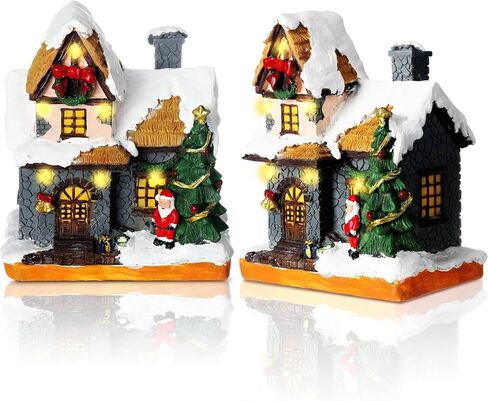 Retisee 2 جهاز كمبيوتر شخصى مشهد عيد الميلاد قرية منازل المدينة تعمل بالبطارية زخرفة عيد الميلاد LED الشتاء الثلوج قرية الراتنج مع ضوء دافئ صغير مضاء قرية عيد الميلاد سانتا منزل لزينة عيد الميلاد in Kuwait