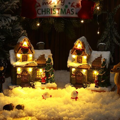 Retisee 2 جهاز كمبيوتر شخصى مشهد عيد الميلاد قرية منازل المدينة تعمل بالبطارية زخرفة عيد الميلاد LED الشتاء الثلوج قرية الراتنج مع ضوء دافئ صغير مضاء قرية عيد الميلاد سانتا منزل لزينة عيد الميلاد in Kuwait