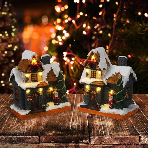 Retisee 2 جهاز كمبيوتر شخصى مشهد عيد الميلاد قرية منازل المدينة تعمل بالبطارية زخرفة عيد الميلاد LED الشتاء الثلوج قرية الراتنج مع ضوء دافئ صغير مضاء قرية عيد الميلاد سانتا منزل لزينة عيد الميلاد in Kuwait