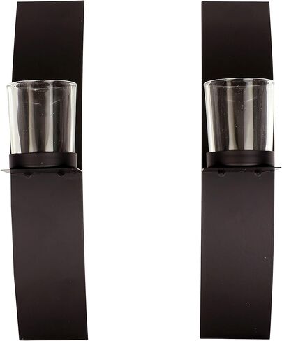 ارت ميشن حامل شموع جداري اسود، ديكور حائط زجاجي ومعدني لغرفة المعيشة، شمعدان منزلي 2 انش × 12 انش، شمعدان معلق لتزيين الحائط مجموعة من قطعتين in Kuwait