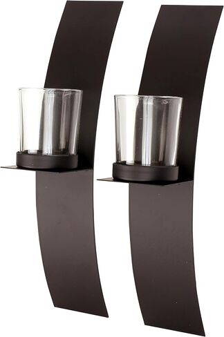ارت ميشن حامل شموع جداري اسود، ديكور حائط زجاجي ومعدني لغرفة المعيشة، شمعدان منزلي 2 انش × 12 انش، شمعدان معلق لتزيين الحائط مجموعة من قطعتين in Kuwait