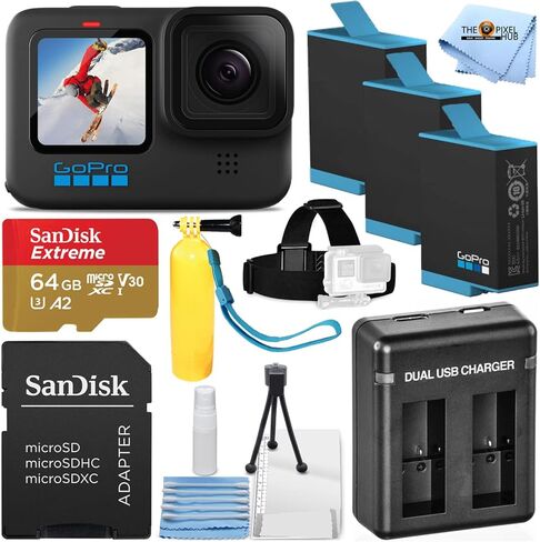 كاميرا فيديو Pixel Hub GoPro HERO10 سوداء مقاومة للماء بدقة 12 ميجابكسل - تتضمن الحزمة النهائية: بطاقة MicroSD سعة 64 جيجابايت من Sandisk، وبطارية إضافية 2X، وشاحن مزدوج، وحزام للرأس، وبوبر ومجموعة تنظيف in Kuwait