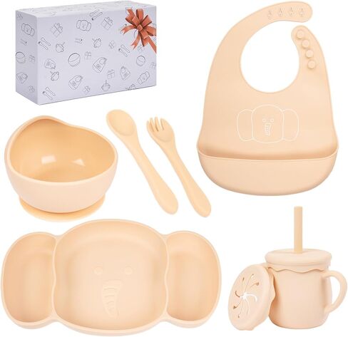 KIROGILY Silicone Baby Feeding Set, 6 PCS Baby Led Weaning Supplies, Toddlers Suction Plates with Bowl Spoon Fork Sippy Cup Bib, Baby Eating Utensils(Pink) in Kuwait
