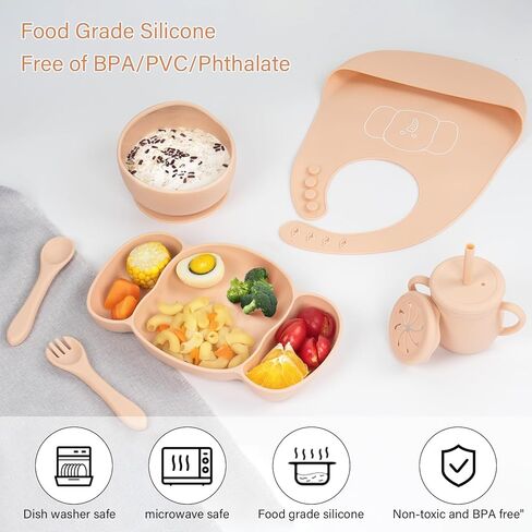 KIROGILY Silicone Baby Feeding Set, 6 PCS Baby Led Weaning Supplies, Toddlers Suction Plates with Bowl Spoon Fork Sippy Cup Bib, Baby Eating Utensils(Pink) in Kuwait