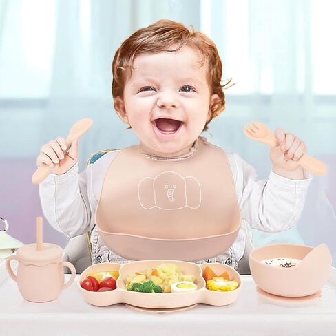 KIROGILY Silicone Baby Feeding Set, 6 PCS Baby Led Weaning Supplies, Toddlers Suction Plates with Bowl Spoon Fork Sippy Cup Bib, Baby Eating Utensils(Pink) in Kuwait