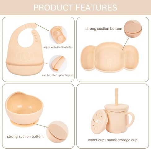 KIROGILY Silicone Baby Feeding Set, 6 PCS Baby Led Weaning Supplies, Toddlers Suction Plates with Bowl Spoon Fork Sippy Cup Bib, Baby Eating Utensils(Pink) in Kuwait