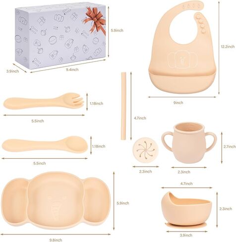 KIROGILY Silicone Baby Feeding Set, 6 PCS Baby Led Weaning Supplies, Toddlers Suction Plates with Bowl Spoon Fork Sippy Cup Bib, Baby Eating Utensils(Pink) in Kuwait