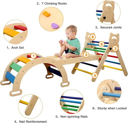 مجموعة مثلثات بيكلر 3 في 1 من Ymonlia، مثلث تسلق مونتيسوري مع منحدر وقوس مع منزلق، مجموعة ألعاب تعليمية لصالة الألعاب الرياضية للأطفال في الأماكن المغلقة والمفتوحة، صالة ألعاب رياضية للتسلق مونتيسوري للأطفال 1-6 (ليست وسادة إسفنجية) in Kuwait