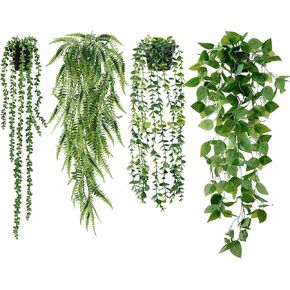 Sggvecsy Fake Hanging Plants 4 Pack Artificial Hanging Plants Fake Potted Greenery Faux Eucalyptus Vine String of Pearls Boston Fern Ivy Vine Leaves for Home Indoor Outdoor Shelf Wall Garden Decor