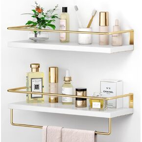 White Floating Shelves with Golden Towel Rack - Set of 2 Wall Mounted Hanging Bathroom Shelves, Decorative Shelves for Stylish Storage in Bathroom, Kitchen, Living Room & Bedroom