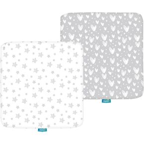 Square Playard/Playpen Fitted Sheets, Perfect for 36 X 36 Portable Playard, 2 Pack, 100% Jersey Knit Cotton Fitted Sheets, Grey Stripes and Hearts Print for Baby Boy and Baby Girl