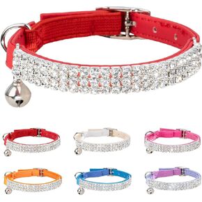 Cat Collar Rhinestone Jewelry PU Leather Adjustable with Elastic Strap Kitten Puppy Bling Diamante with Bell Girl Pet Chihuahua Teacup Beige