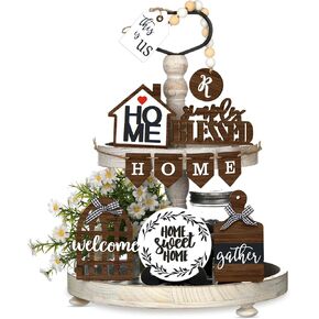 11 Pieces Farmhouse Tiered Tray Decor Home Wood Sign Rustic Home Sweet Home Simply Blessed Wooden Beads Tiered Tray Decorations Set for Home Kitchen Table Shelf (Farmhouse Style)