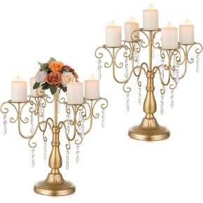 Sziqiqi Candelabra Centerpieces Gold Candle Holder - 5 Arm Pillar Candle Holders with Crystal Beads for Christmas Table Centrepiece Halloween Wedding Candleholders Decoration in Kuwait