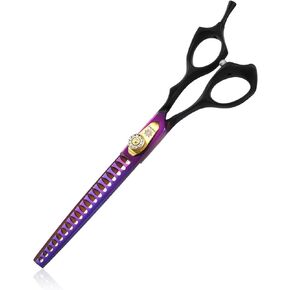 Dream Reach 7.0 inches Professional Decompressed Elastic Handle Pet Grooming Scissors Set,Straight & Chunker & 2 Curved Scissors 4pcs Set for Dog Grooming (Purple) (4PSC Set)
