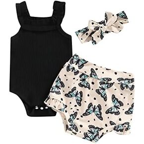 Newborn Baby Girl Summer Clothes Sleeveless Romper Bodysuit Tops Floral Ruffle Shorts+Headband 3pcs Baby Outfits