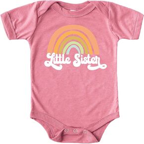Olive Loves Apple Retro Rainbow Little Sister Sibling Reveal Announcement Bodysuit for Baby Girls Sibling Outfits