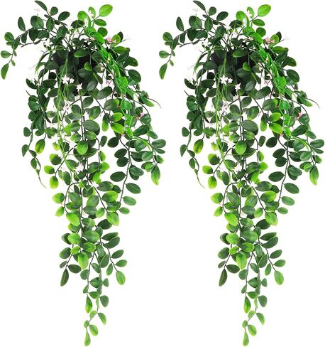 2 × نباتات معلقة وهمية نباتات ليسيماتشيا صناعية صغيرة بوعاء مع زهور بيضاء وردية لديكور المنزل تقريبًا شماعات خضراء طبيعية لغرفة الحائط في الأماكن المغلقة وفي الهواء الطلق الجرف ديكو in Kuwait