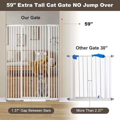 Ulifemate 59" Extra Tall Cat Gate Auto Close for Door Way, 2023 Heavy Duty 30"-45" Extra Wide Pet Gate with 4" and 7.85" Extension Kits, Pressure Mount Kit Dog Gate, White in Kuwait