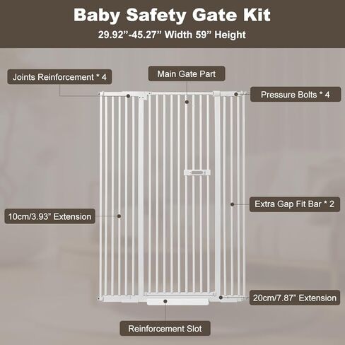 Ulifemate 59" Extra Tall Cat Gate Auto Close for Door Way, 2023 Heavy Duty 30"-45" Extra Wide Pet Gate with 4" and 7.85" Extension Kits, Pressure Mount Kit Dog Gate, White in Kuwait