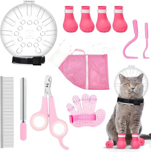 Therwen 8 Pcs Cat Bathing Bag Set Adjustable Pet Shower Net Bag Cat Helmet for Grooming Breathable Cat Muzzle Boots Paw Covers Nail Clipper Nail File Tick Tool Massage Brush Comb Pet Trimming Cleaning in Saudi Arabia