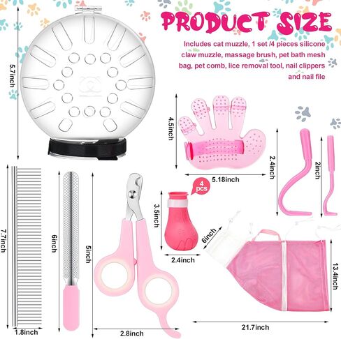 Therwen 8 Pcs Cat Bathing Bag Set Adjustable Pet Shower Net Bag Cat Helmet for Grooming Breathable Cat Muzzle Boots Paw Covers Nail Clipper Nail File Tick Tool Massage Brush Comb Pet Trimming Cleaning in Saudi Arabia