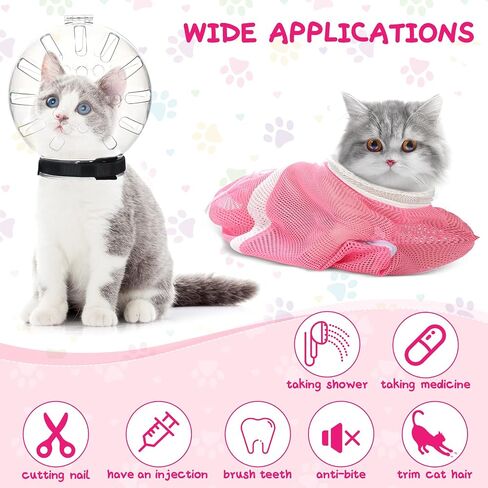 Therwen 8 Pcs Cat Bathing Bag Set Adjustable Pet Shower Net Bag Cat Helmet for Grooming Breathable Cat Muzzle Boots Paw Covers Nail Clipper Nail File Tick Tool Massage Brush Comb Pet Trimming Cleaning in Saudi Arabia