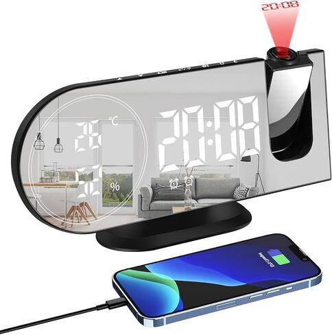 Jhua Projection Alarm Clock, Digital Alarm Clocks for Bedrooms Ceiling, 5" LED Mirror Projection Alarm Clock with USB Charger Port, Temperature & Humidity, 180° Rotable, Dual Alarms, Snooze in Kuwait