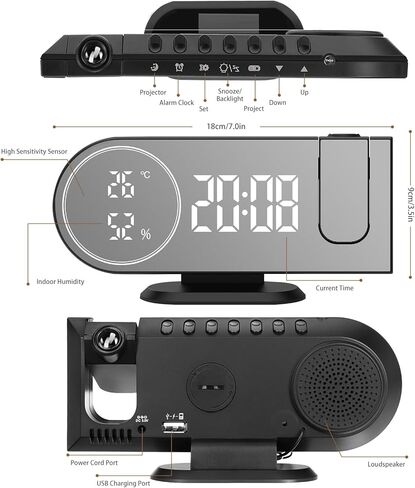 Jhua Projection Alarm Clock, Digital Alarm Clocks for Bedrooms Ceiling, 5" LED Mirror Projection Alarm Clock with USB Charger Port, Temperature & Humidity, 180° Rotable, Dual Alarms, Snooze in Kuwait
