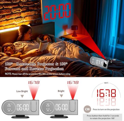 Jhua Projection Alarm Clock, Digital Alarm Clocks for Bedrooms Ceiling, 5" LED Mirror Projection Alarm Clock with USB Charger Port, Temperature & Humidity, 180° Rotable, Dual Alarms, Snooze in Kuwait