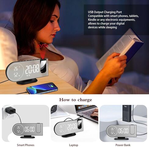 Jhua Projection Alarm Clock, Digital Alarm Clocks for Bedrooms Ceiling, 5" LED Mirror Projection Alarm Clock with USB Charger Port, Temperature & Humidity, 180° Rotable, Dual Alarms, Snooze in Kuwait
