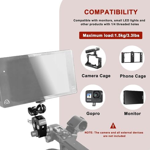 حامل كاميرا Lanxire Super Clamp مع رأس كروي مزدوج ومسمار 1/4 بوصة لكاميرات DSLR وGopro وInsta360 وكاميرا الحركة والميكروفون - دوران 360 درجة - فتحات ملولبة 1/4 بوصة و3/8 بوصة in Saudi Arabia