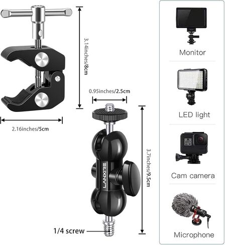 حامل كاميرا Lanxire Super Clamp مع رأس كروي مزدوج ومسمار 1/4 بوصة لكاميرات DSLR وGopro وInsta360 وكاميرا الحركة والميكروفون - دوران 360 درجة - فتحات ملولبة 1/4 بوصة و3/8 بوصة in Saudi Arabia