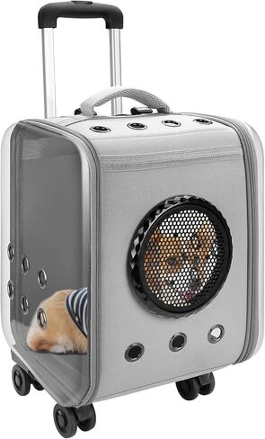 حاملة الحيوانات الأليفة بعجلات، حاملة سفر للكلاب والقطط، حقيبة ظهر على شكل فقاعات للحيوانات الأليفة، حاملة حيوانات أليفة تلسكوبية معتمدة من شركة الطيران مع مقبض تلسكوبي وحزام كتف، رمادي in Kuwait