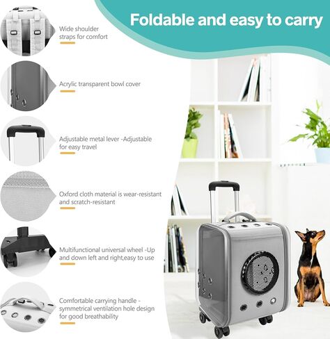حاملة الحيوانات الأليفة بعجلات، حاملة سفر للكلاب والقطط، حقيبة ظهر على شكل فقاعات للحيوانات الأليفة، حاملة حيوانات أليفة تلسكوبية معتمدة من شركة الطيران مع مقبض تلسكوبي وحزام كتف، رمادي in Kuwait