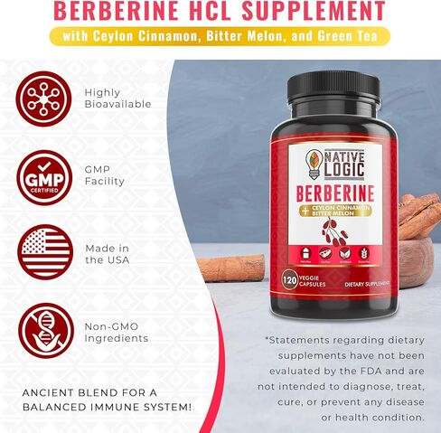 Native Logic Berberine HCL 1200mg مع قرفة سيلان، والبطيخ المر، ومستخلص الشاي الأخضر | يدعم صحة القلب والأوعية الدموية والجهاز الهضمي مع دعم الجهاز المناعي – 120 كبسولة in Kuwait