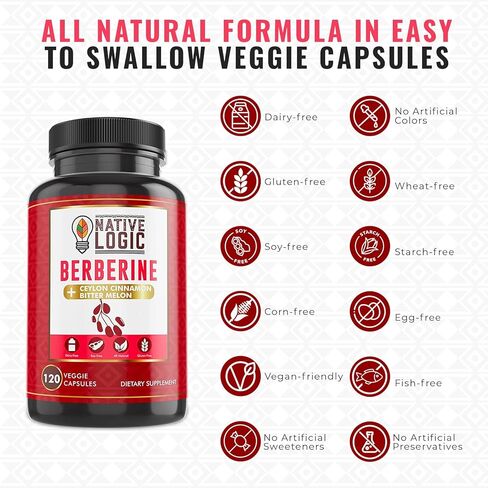 Native Logic Berberine HCL 1200mg مع قرفة سيلان، والبطيخ المر، ومستخلص الشاي الأخضر | يدعم صحة القلب والأوعية الدموية والجهاز الهضمي مع دعم الجهاز المناعي – 120 كبسولة in Kuwait