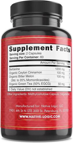 Native Logic Berberine HCL 1200mg مع قرفة سيلان، والبطيخ المر، ومستخلص الشاي الأخضر | يدعم صحة القلب والأوعية الدموية والجهاز الهضمي مع دعم الجهاز المناعي – 120 كبسولة in Kuwait