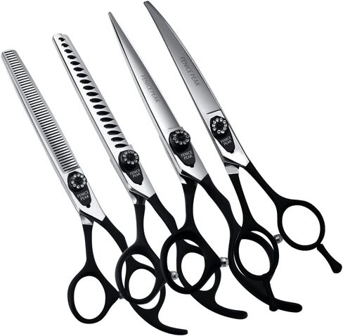 Fenice Peak 7.0'' Professional Dog Grooming Scissors Set with Black Non-Slip Handle 440C Stainless Steel Straight Thinning Curved Chunker Shears 4pcs Set for Pet Grooming Services in Kuwait
