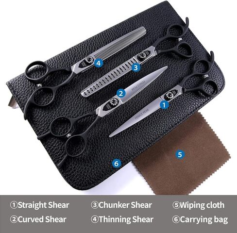 Fenice Peak 7.0'' Professional Dog Grooming Scissors Set with Black Non-Slip Handle 440C Stainless Steel Straight Thinning Curved Chunker Shears 4pcs Set for Pet Grooming Services in Kuwait