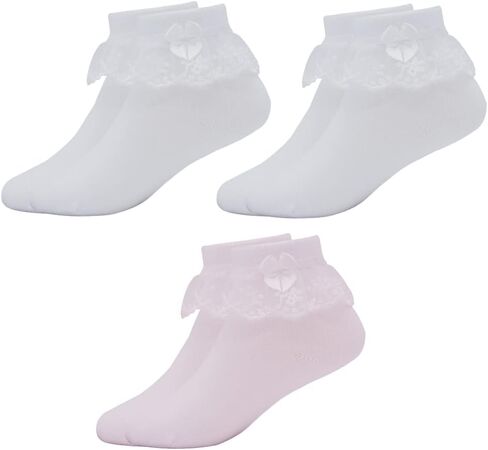 Snegyu Girls Ruffle School Socks Kids Ankle Socks White Frilly Lace Trim Cotton Socks with Bows 3-16 Years in Saudi Arabia
